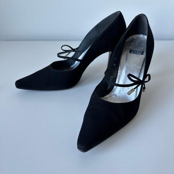 Stuart Weitzman Black Pointed Toe Bow Mary Jane Heels Pumps Size 8 B - Picture 5 of 16
